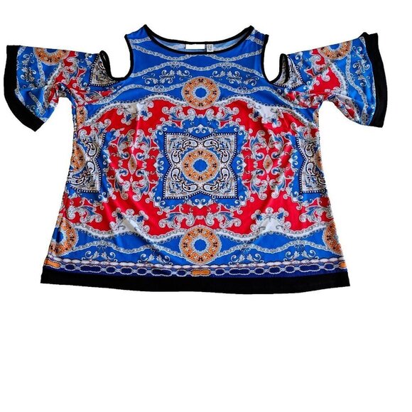 Susan Graver Multicolor Mandala Print Cold Shoulder Short Sleeve Tunic Top 1X - Picture 9 of 11